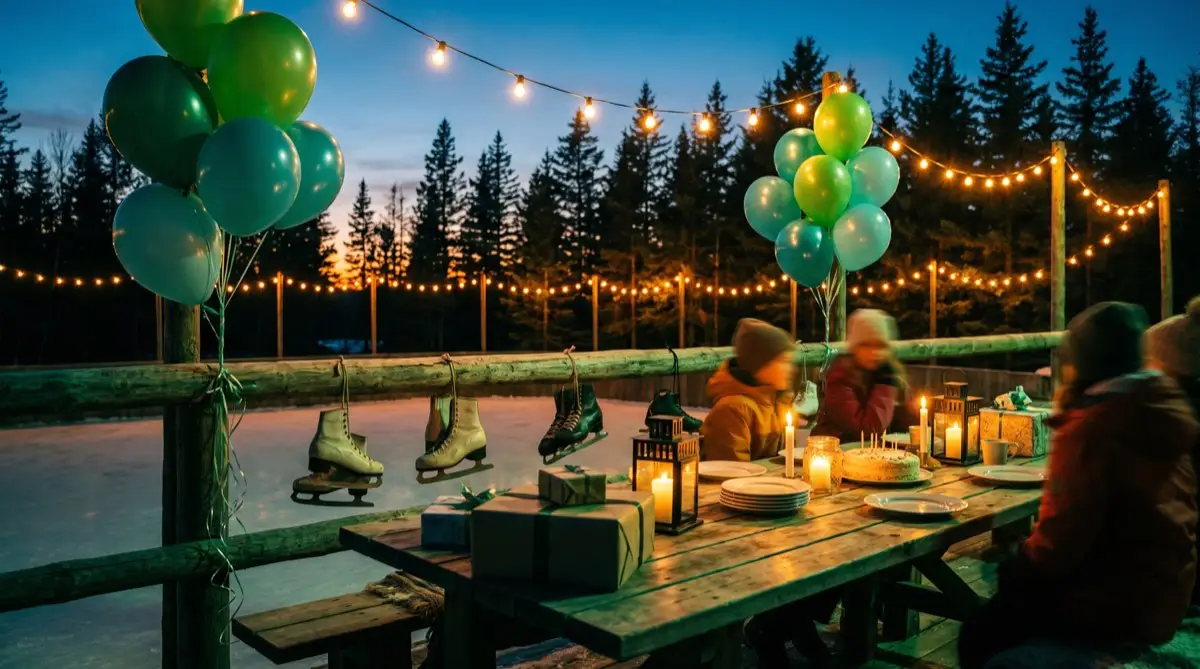 Rinkside party table with balloons and hanging skates at dusk